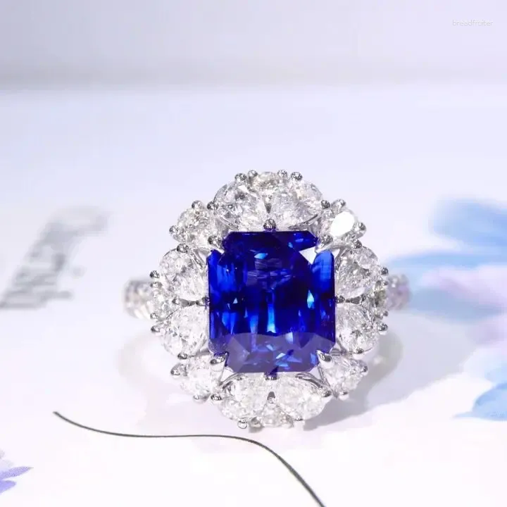 Anneaux de cluster SFL2024 Bague Saphir Véritable Pure 18K Sri Lanka Royal Blue Gemstones 4.02ct Diamants Pierres Femme