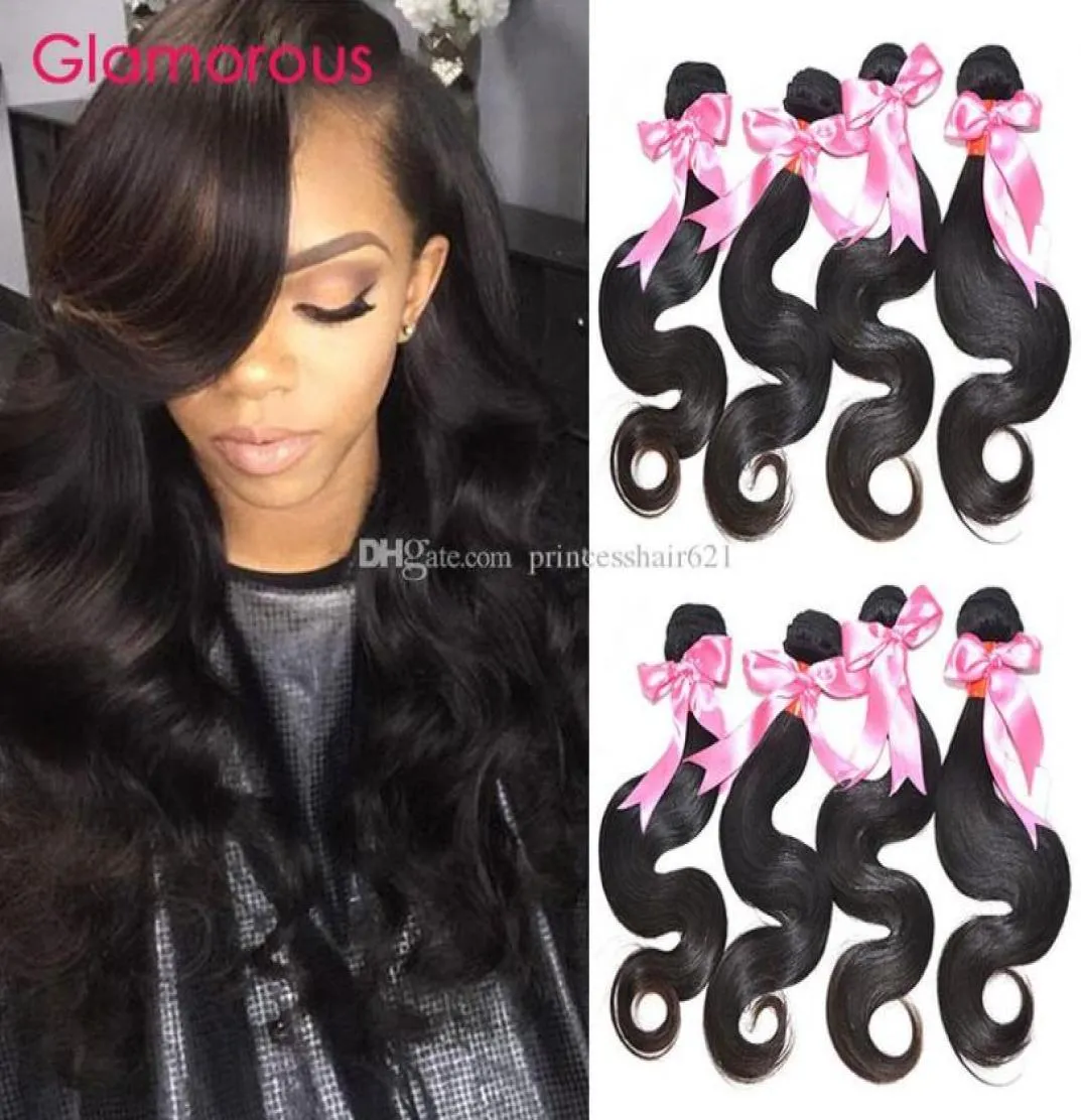 Glamorous 100 Human Hair Extensions Body Wave 4 bundels Natuurlijke kleur Braziliaans geweven Glamoureus haar Modestijl Maagd Menselijk H6866382