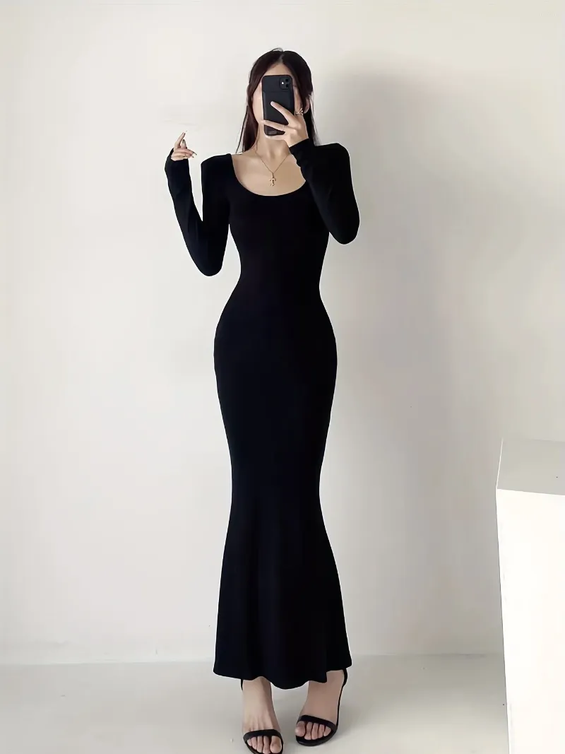 Casual Dresses Squared Neck Solid Dress Elegant Bodycon Long Sleeve Mermaid Hem Women's Clothing