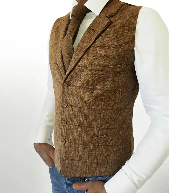 Jackor Mäns Vest Brown Lapel Plaid randig Herringbone Satin Wool Blended Vest för Daily Casual Male Waistcoat Clothing (No Tie)