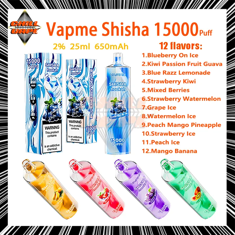 Original Vapme Shisha 15000 Puff E Cigarette 2% Force 25 ml Pod 12 saveurs Puffs 15k 650mAh Batterie rechargeable Vape jetable