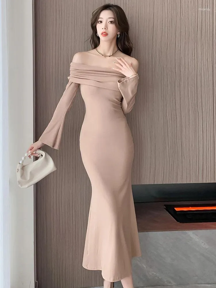 Casual klänningar damer stickade kväll långa kvinnor mujer tröja sexig off-shoulder bodycon maxi klänning prom robe femme vestidos fiesta