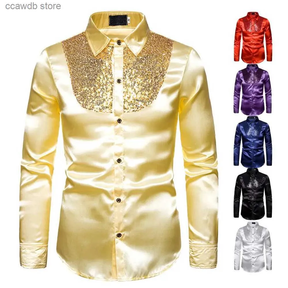 Camicie casual da uomo Camicia da uomo Paillettes glitterate Abbigliamento da uomo Moda Camicia casual sexy Festival Banchetto Spettacolo teatrale Ospite di nozze Prom Top da uomo T240105