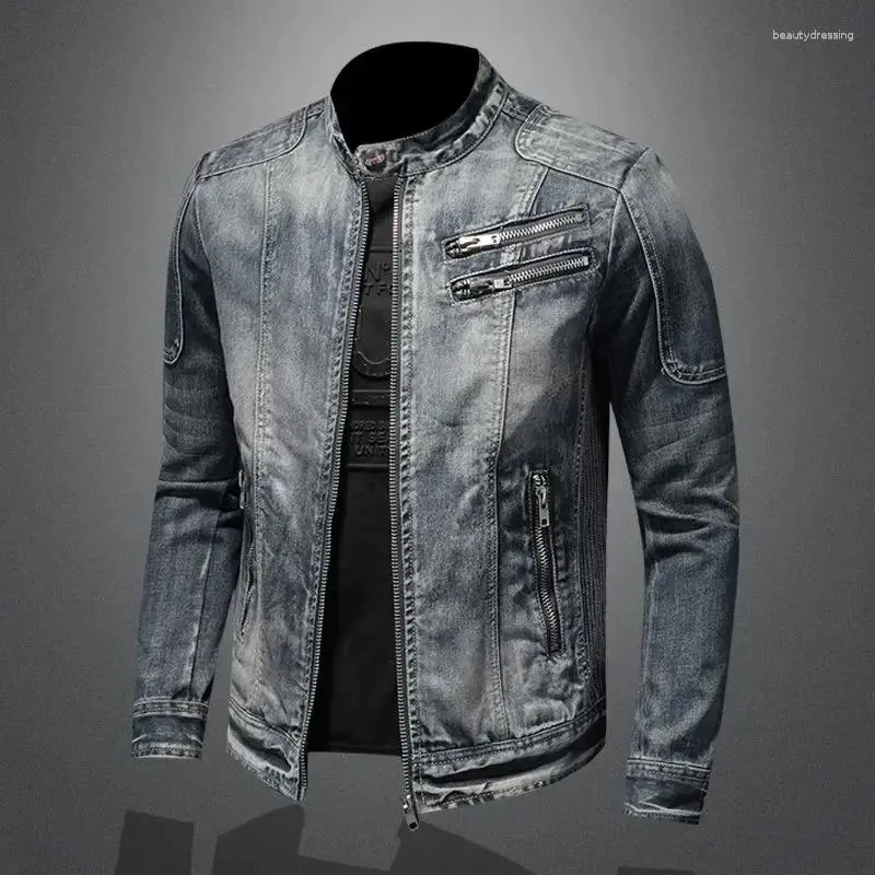 Herrenjacken 2024 Denim-Jacke, trendige Retro-Mode, lässig, Stehkragen, Reißverschluss, hübsch, Reiten, Biker-Kleidung, Tops