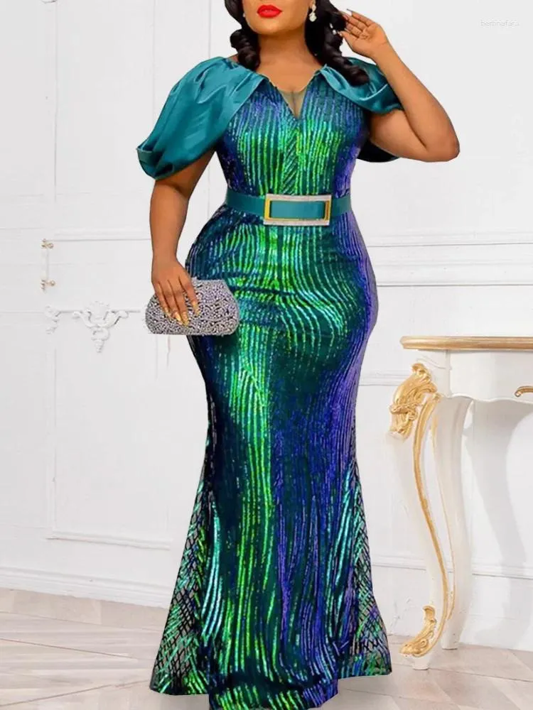 Party Dresses Luxury Sequins Maxi Mermaid Dress for Women Bodycon Elegant V Neck Short Sleeve Belt Midje Formella kvällsupplopp
