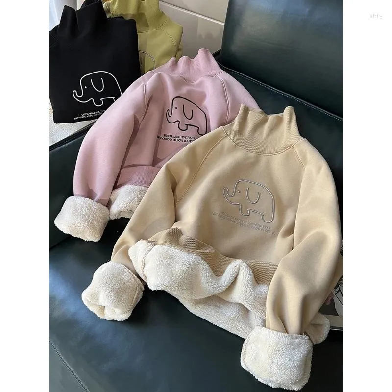 Dameshoodies Koreaanse stijl Fleece truien met hoge kraag Letter Cartoon borduurwerk Losse sweatshirts Herfst Winter Dik thermisch T-shirt