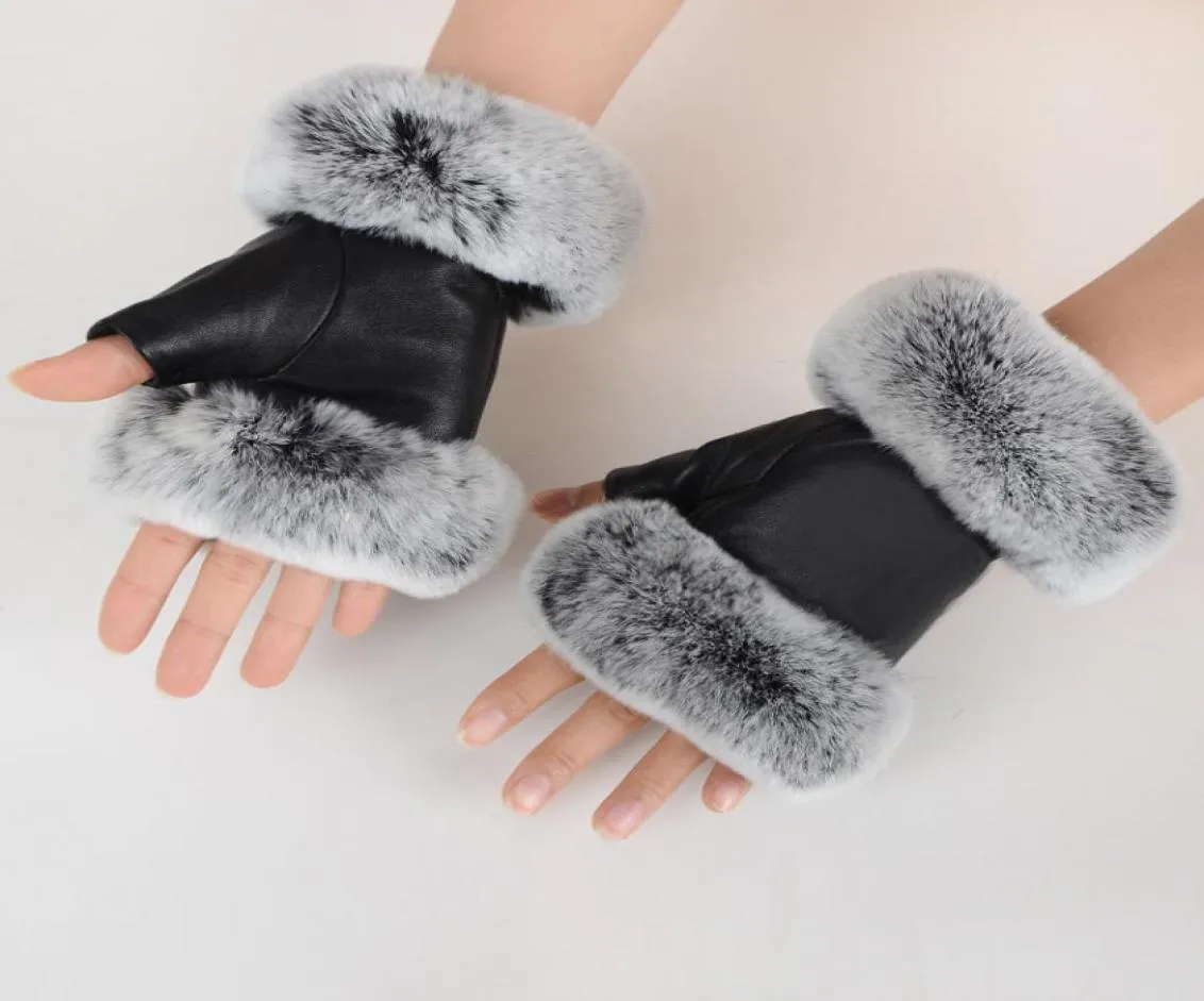 Mode hiver noir demi doigt gants en cuir véritable peau de mouton fourrure demi doigt gants sans doigts bouche de fourrure 3146612