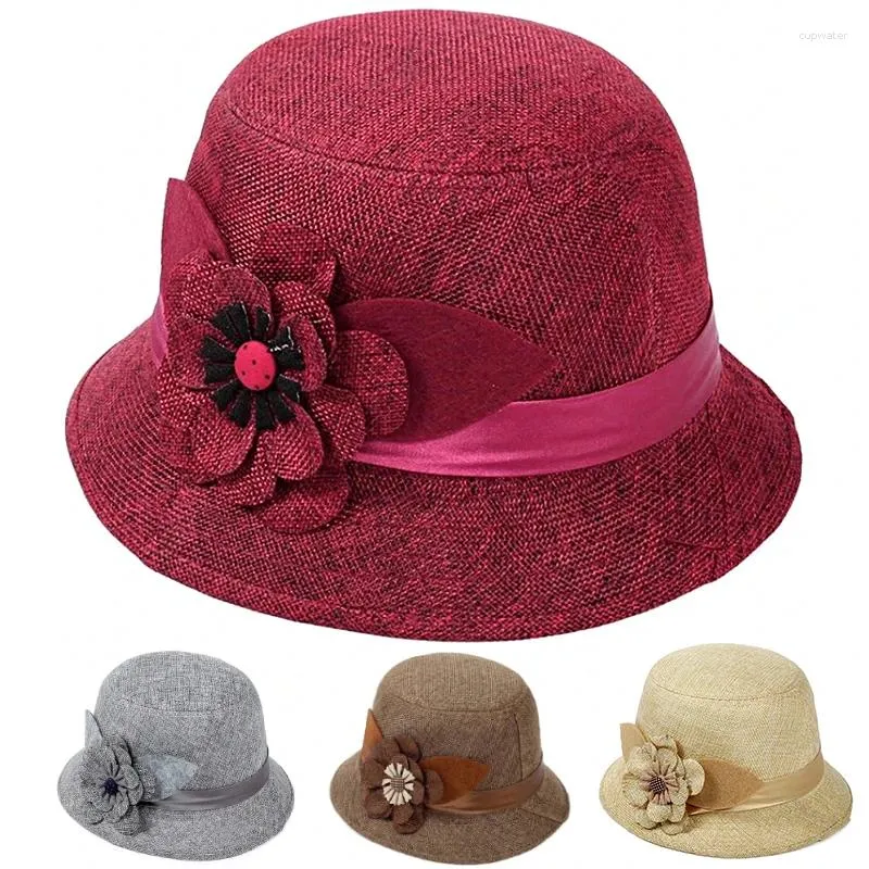 Bérets élégant fleur lin Fedoras chapeaux rétro dame casquettes printemps été femme melon seau chapeau visières