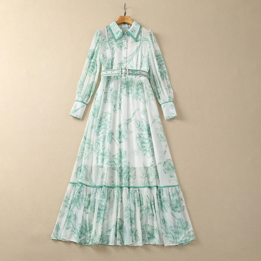 European and American women's clothes 2024 spring new Long sleeve lapel belt green print Fashion pleated dress XXL