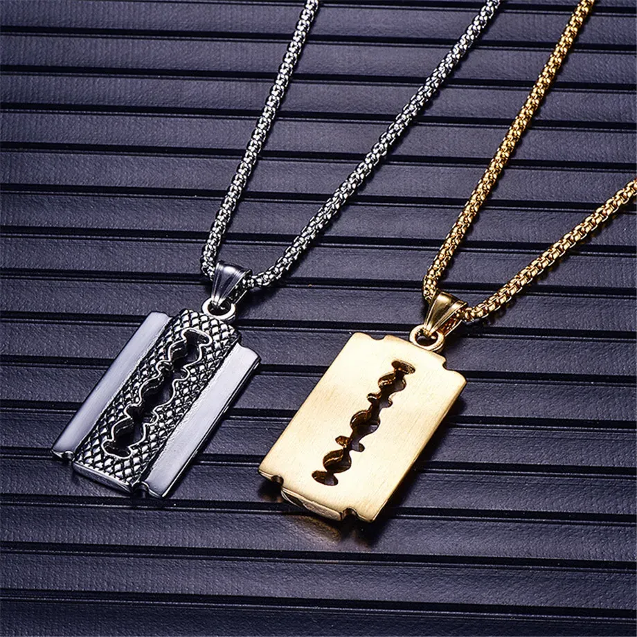 DHgate.com:️Golden Barber Shop Razor Blade Pendant: 14K