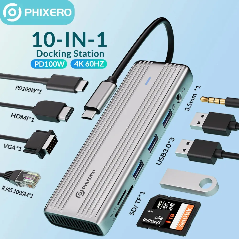 Phixero 도킹 스테이션 유형 C 허브에서 4K 60Hz 호환 USB 3.0 Adapapter RJ45 PD100W MacBook Pro PC AccessOrie 240104에 대한 충전