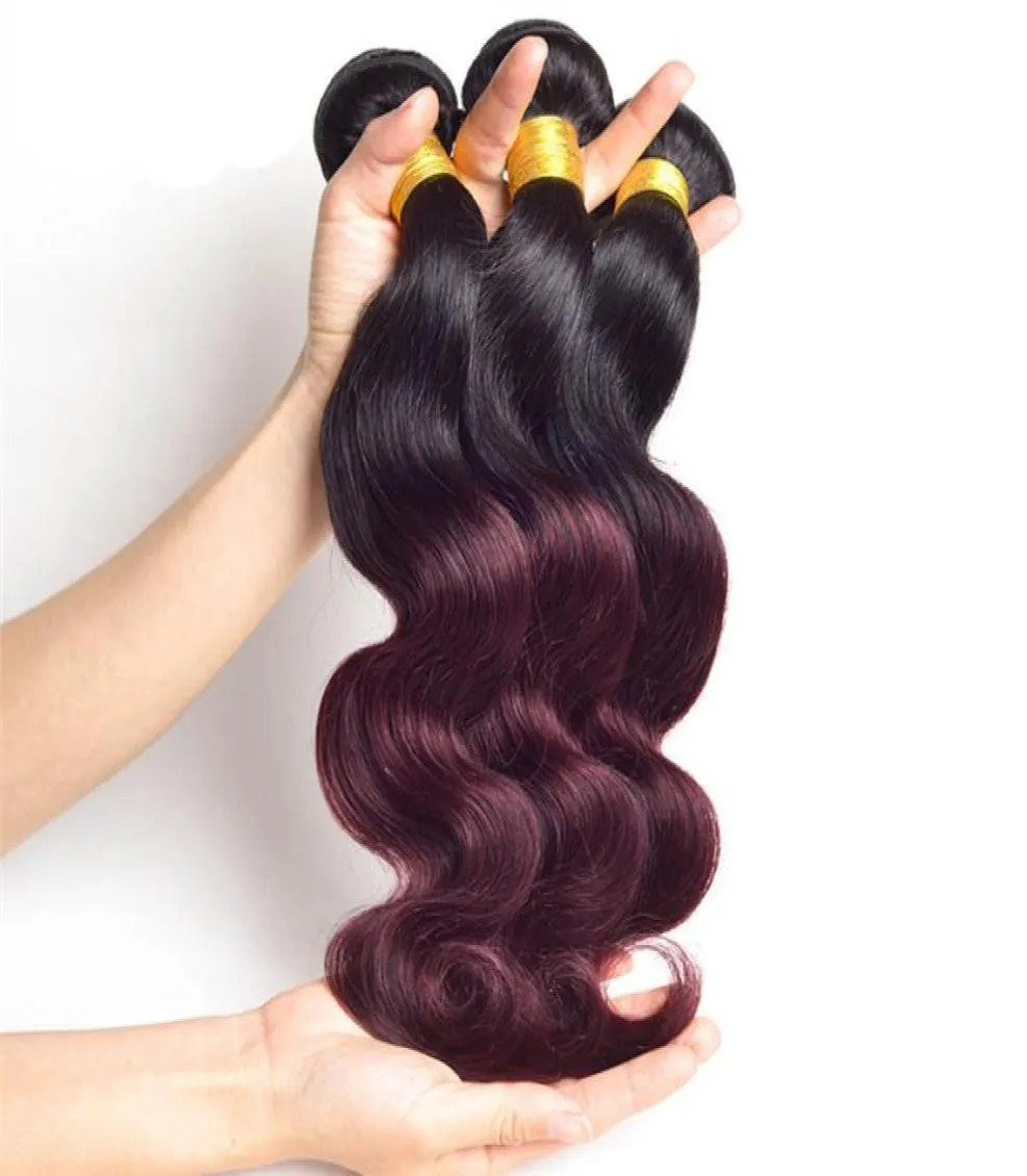 Borgonha vinho vermelho ombre cabelo humano tece 1b 99j onda do corpo 3 pacotes extensões não processadas 1024inch8022893