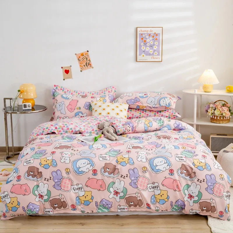 Cute Bear Bedding Set Girls Boys Kids Single Double Size Flat Sheet Duvet Cover Pillowcase Bed Linens White Blue Home Textile 240105