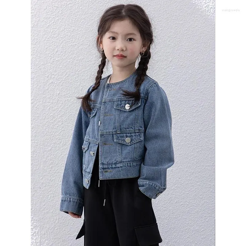 Куртки для девочек, топ 2024, весна-осень, корейский модный стиль, короткая свободная джинсовая куртка, детская джинсовая верхняя одежда с круглым воротником в стиле ретро