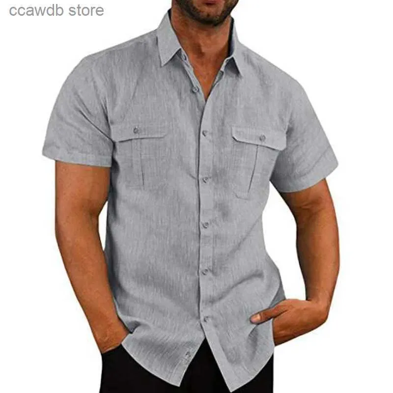 Chemises décontractées pour hommes Hommes d'été Vintage Mode Vacances Poches Coton Lin Boutonné Chemise Casual Revers Manches Courtes Lâche Tops Solide Ropa Hombre T240105