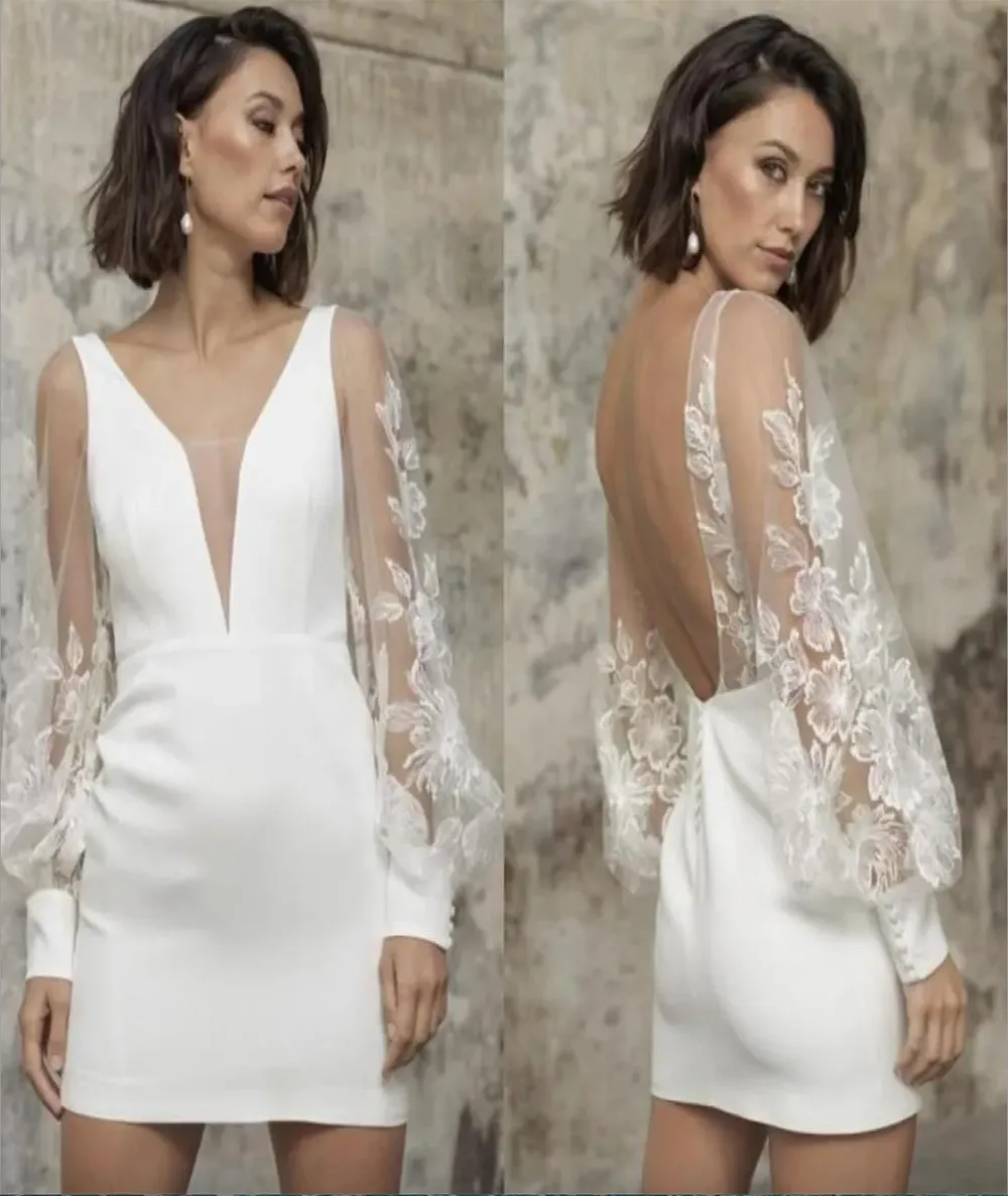 Eleganta korta bröllopsklänningar för brud andra mottagningsklänningar spetsar långärmad öppen baksida vestido de novia