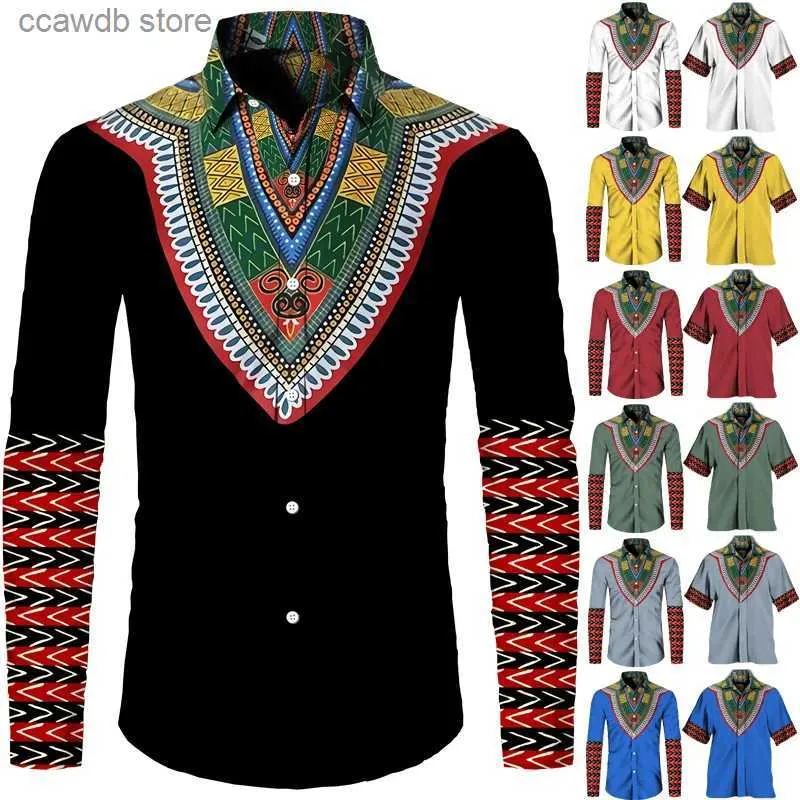 Мужские повседневные рубашки Этнический стиль Мужская рубашка на пуговицах Повседневная Дашики Африканский принт с отложным воротником Топы с короткими/длинными рукавами Модные мужчины Женщины Уличная одежда T240105