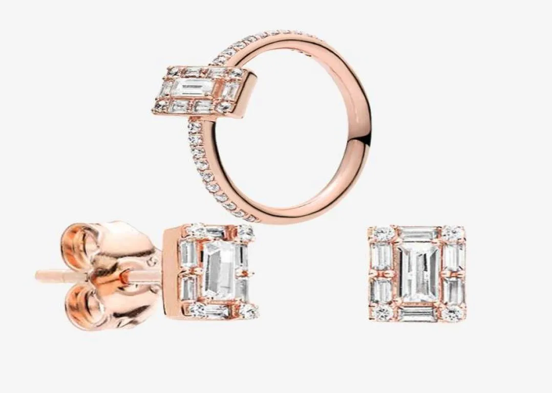 18k rosé goudontwerper Luxe ring en oorbel sets vrouwen bruiloft sieraden voor 925 zilveren mousserende vierkante halo studoor oorbellen ringen7602956