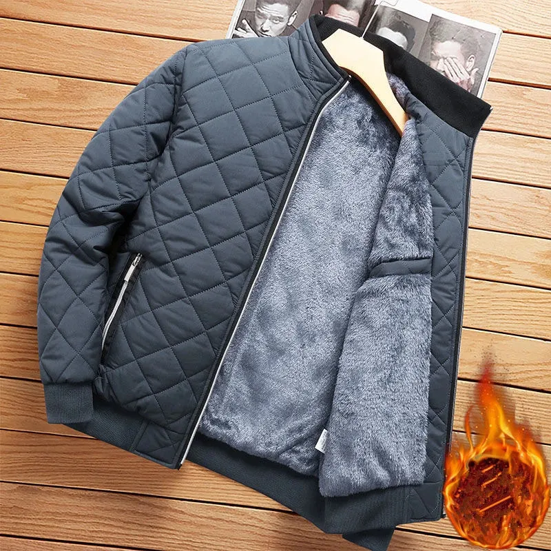 Autumn Winter Bomber Jacket Men Diamond Pattern Fleece Foded Casual Jacket Men Fashion Clothing Slim Fit Coat 231229