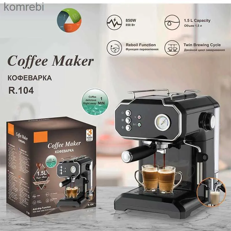 Kaffeemaschinen 1,5 l Espressomaschine mit Milchaufschäumer, kleine automatische elektrische Kaffeemaschine für den Haushalt, kommerzielle Dampfmaschine L240105