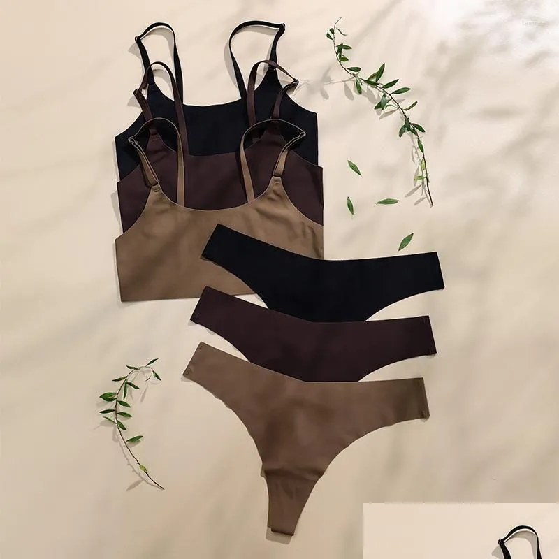 Bh's Sets Vrouwen Naadloze Bh Set Sexy String Slipje Draad Bralette Lingerie Beha Ijs Zijde Vrouwelijk Ondergoed Ondergoed Drop levering Dhkfh