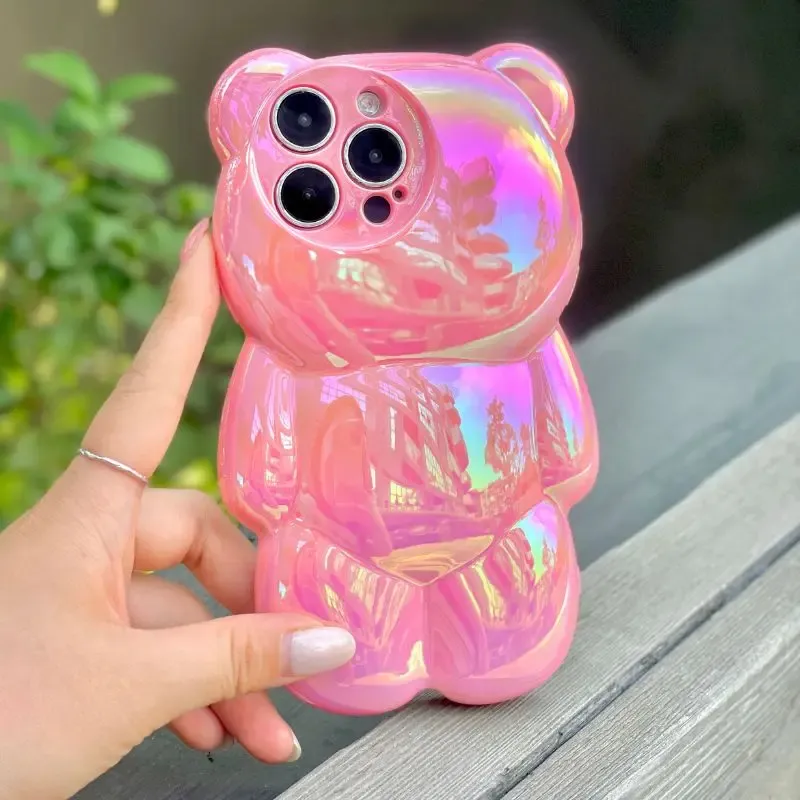 Чехол с милым медведем для iPhone 15, 14, 13, 12, 11Pro Max 11, блестящий Радужный лазерный блестящий силиконовый чехол-пуховик для iPhone 13 pro