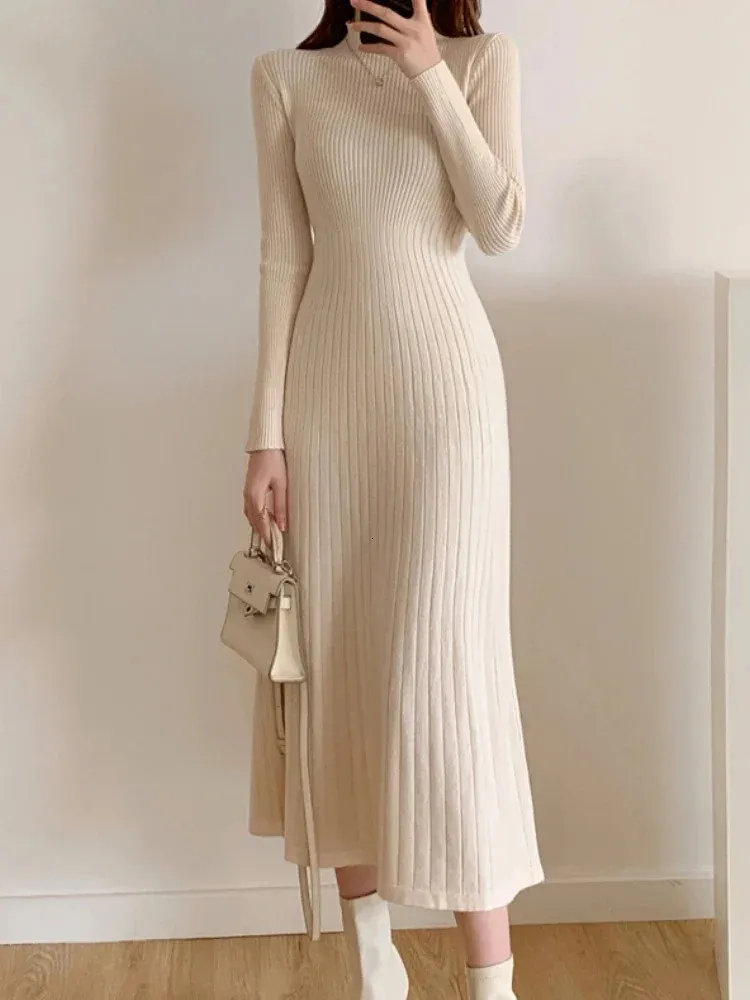 Autumn Winter Slim Long Sleeve Party Midi Dress for Women Knitted Half High Collar Elegant Knitted Sweater Dresses Ladies 240104