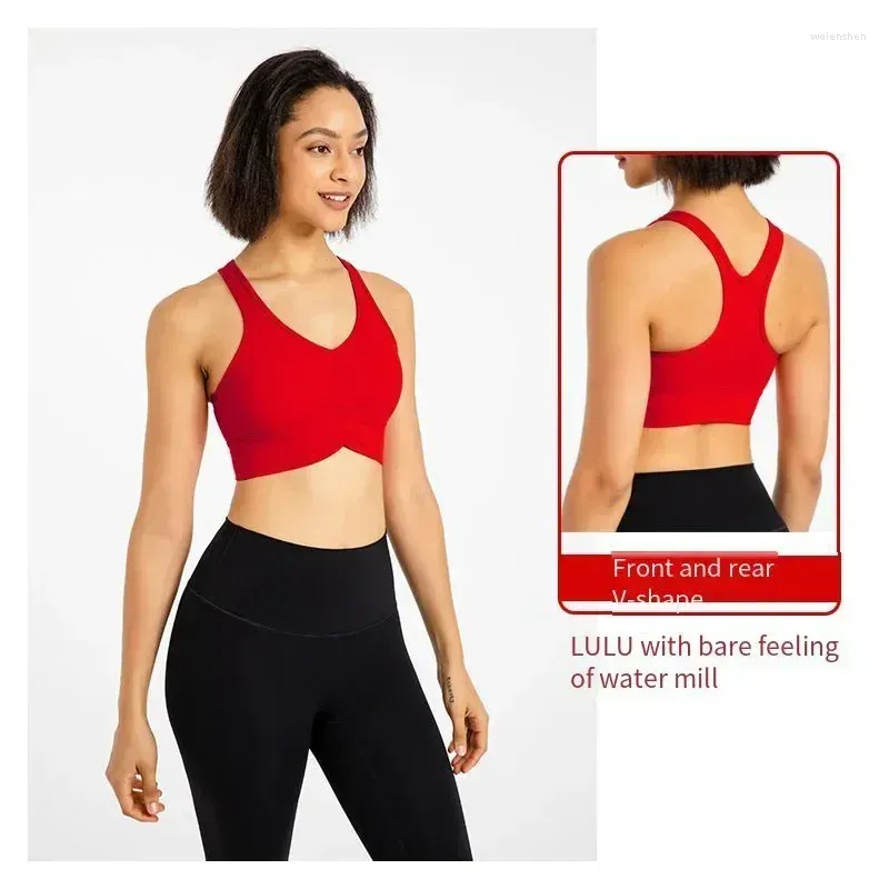 Yoga-outfit Den dubbelsidiga slipningen Mao Sense of Sports bär utanför underkläder Deep V Running Naked Bra Fitness Vest med logotyper.