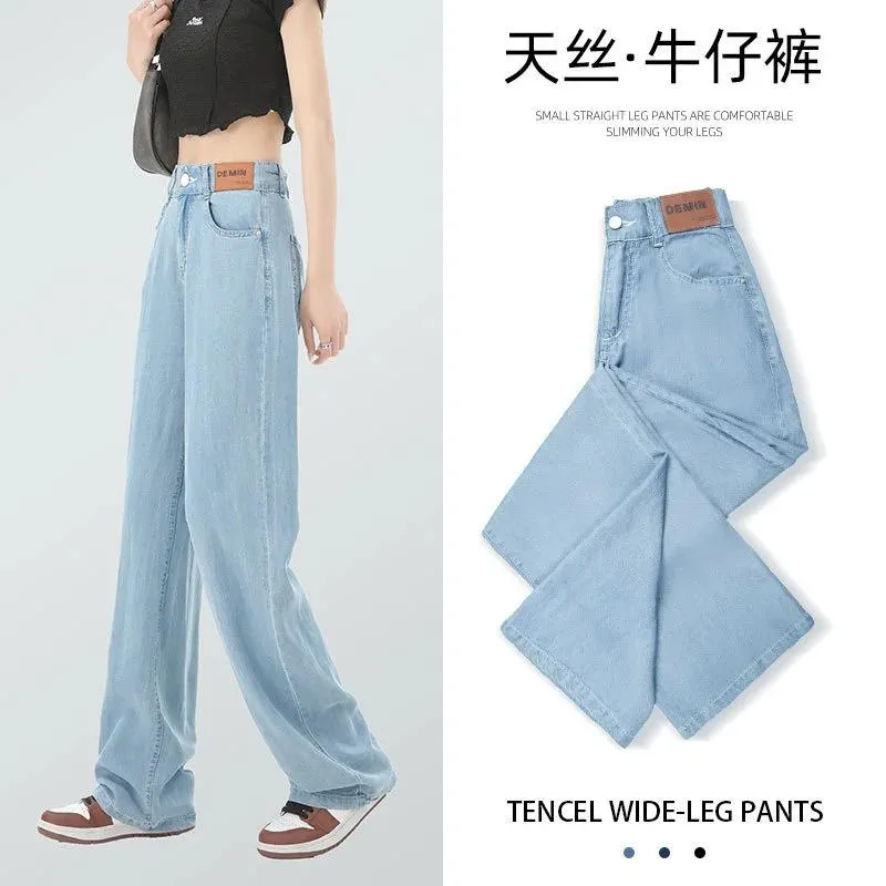 Jeans tencel jeans feminino 2023 novo verão cintura alta magro e fino ajuste tubo reto gota de seda gelo estreita calças largas perna