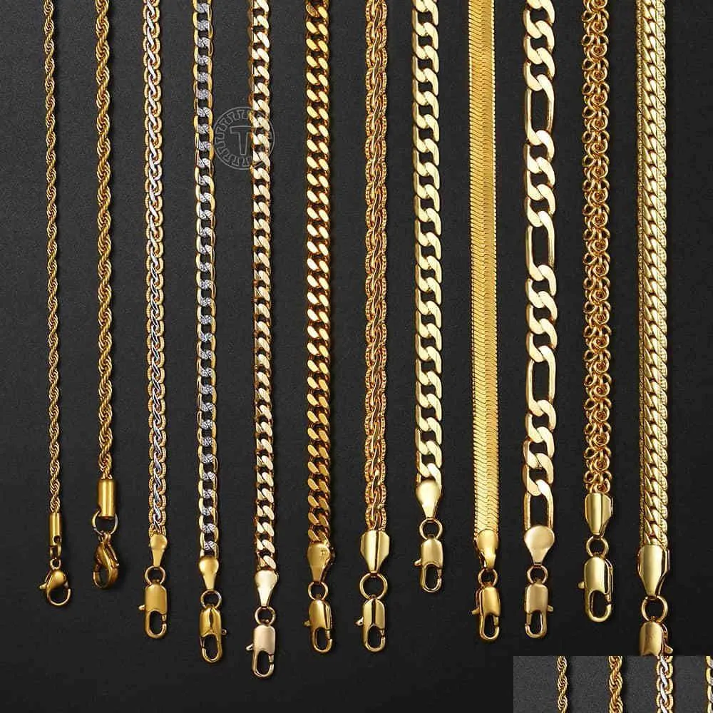 Chains Gold Chain For Men Women Wheat Figaro Rope Cuban Link Filled Stainless Steel Necklaces Male Jewelry Gift Wholesale Drop Deliv Dhe8C