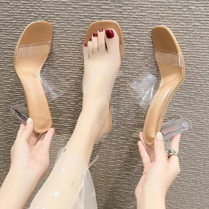 Slippare Comem 2024 Trend Transparenta High Heels Square Toe Clear Pumps Women's Luxury Sandals Summer Shoes Footwear For Women