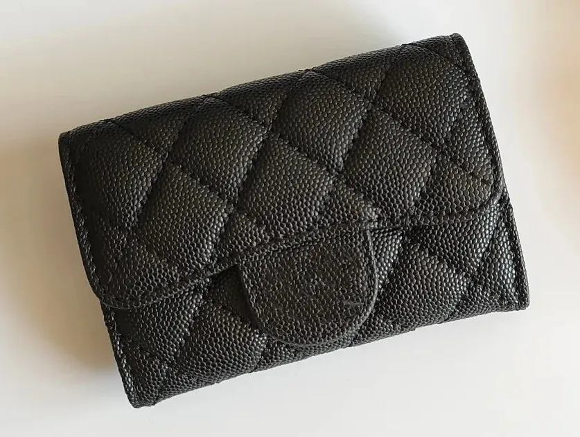 Luxe c créateur de mode femmes porte-cartes rabat rabat modèle classique caviar agneau en gros femme noire petit mini portefeuille couleur pure cuir de galets