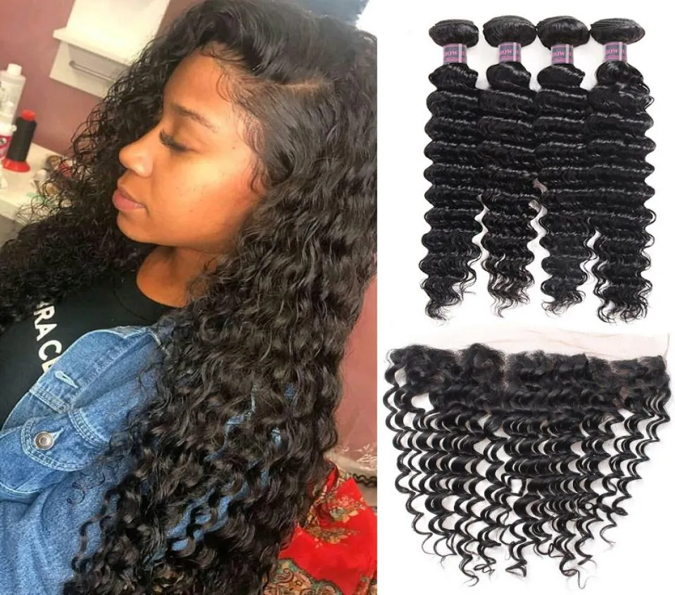 Peruanische tiefe Welle 4 Stück 828 Zoll mit 134 Lace Frontal Ishow brasilianisches malaysisches Menschenhaar mit Verschluss Jungfrau-Haarverlängerungen f2255688