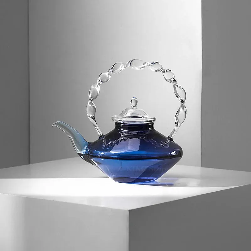 Blue Glass Teapot Teacup Tea Filter Mesh Glass Coffee Pot Heat-resistant Glass Pot Household Kitchen Kettle Exquisite Gift 240104