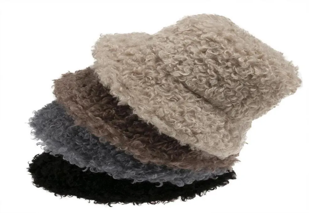 New Outdoor Warm Lamb Faux Fur Bucket Hat Black Solid y Fishing Cap Lovely Plush Warm Fisherman Hat Women Winter5201089