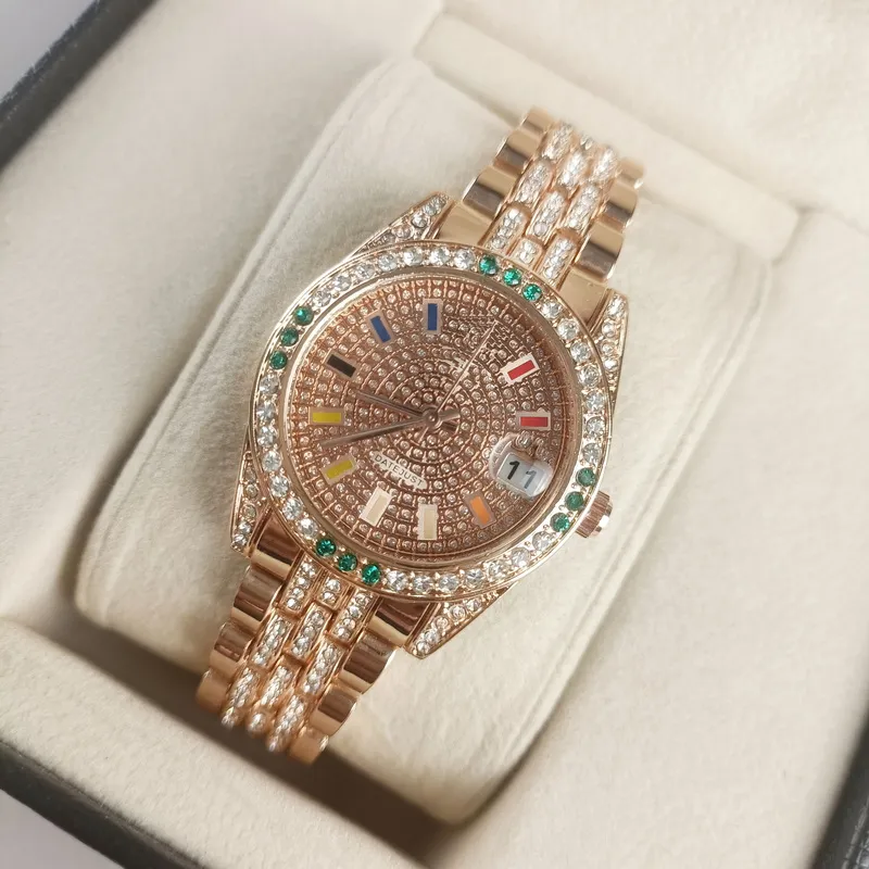 Fantastisk kvinnlig designer armbandsur fulla diamanter med Box AAA Lady Luxury Dial 38mm rostfritt stål kvartsklockor nr397