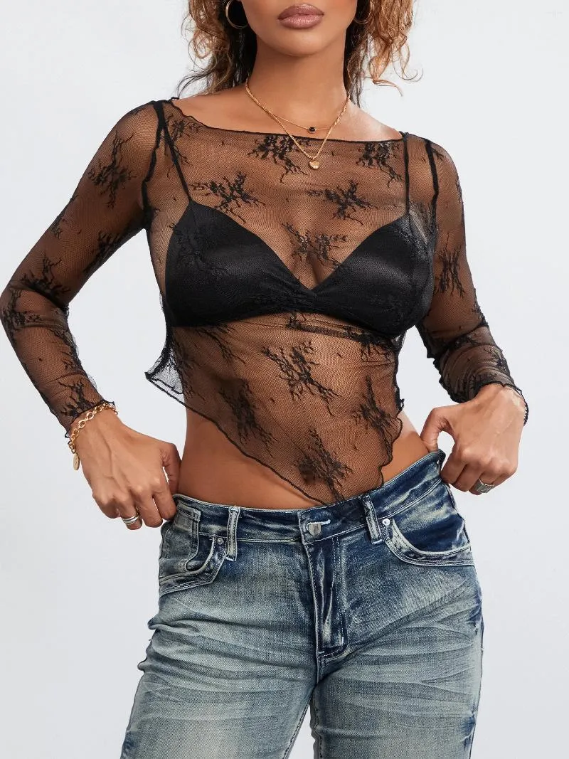 T-shirts Femmes Wsevypo Noir Sheer Asymétrique T-shirts Sexy See-Through Manches Longues O Cou Dentelle Crop Tops Pour Club Streetwear