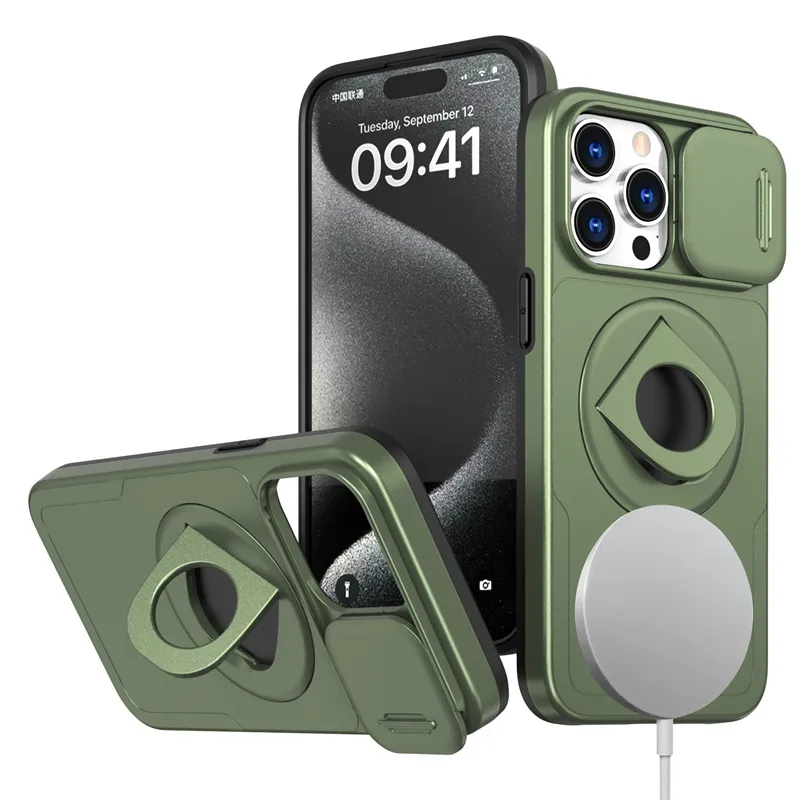 Armor Ring Houder Stand Magnetische Telefoon Case Voor iPhone 15 Pro Max 14 13 12 11 Slide Camera Lens Beschermen voor MagSafe Draadloos Opladen Cover Schokbestendige Harde Shell