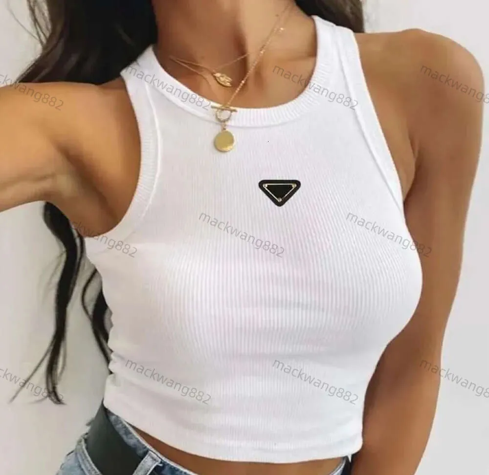 Hot Pr-a Sommer Weiße Damen T-Shirt Tops T-Shirts Crop Top Stickerei Sexy Schulter Schwarz Tank Lässige ärmellose rückenfreie Shirts Luxus-Strickwaren