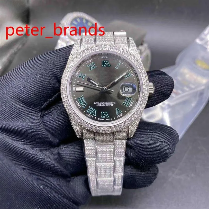 NOUVEAU arrivé glacé en acier inoxydable 39 mm boîtier brillant cadran gris automatique aiguilles à balayage lisse diamants partout dans la boucle montre 339V