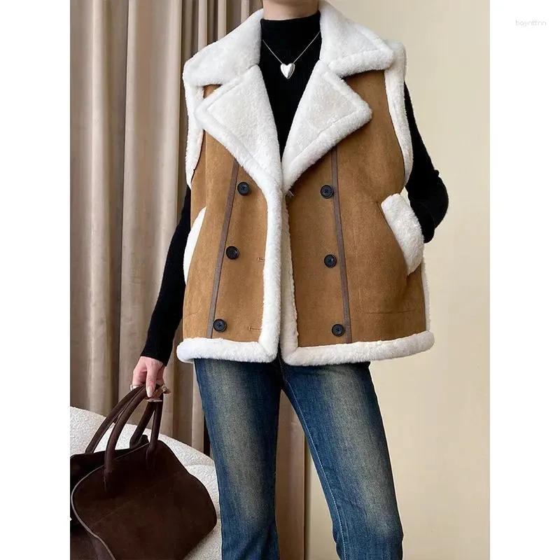 Gilets pour femmes hiver rembourré épaissi chaud gilet imitation velours d'agneau de haute qualité double boutonnage ample surdimensionné gilet d'extérieur