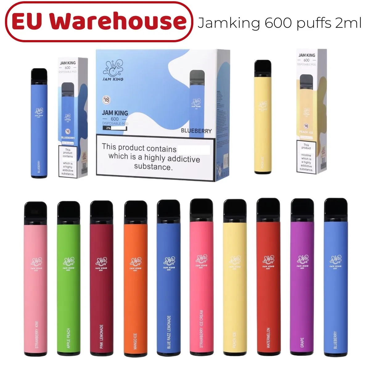 Jam King EU Stock E-Cigarette Vape Puff 600 2ml E-JUICE 10 Flavors Disponibla Cigarett Kina Partihandel Vape Stick 550mAh Batteri 20 mg Nic Mesh Coil
