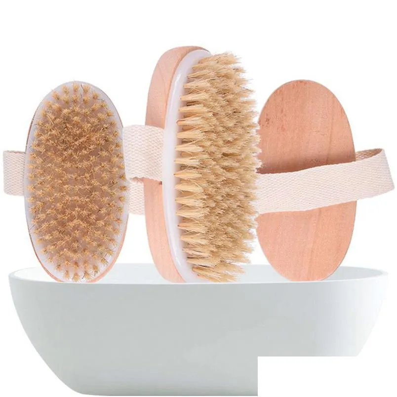 Bath Brushes, Sponges & Scrubbers Natural Bristle Bath Brushes Household Spa Fl Body Mas Deep Cleaning Brush Bathroom Supplies 12X6.4C Dhju2