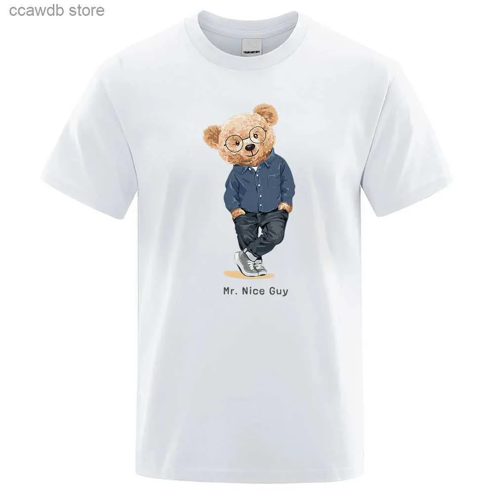 Mäns t-shirts gentleman Mr. Teddy Bear Trevlig kille trycker Män Kort ärmgata Bomull T-shirts Löst överdimensionerade kläder Casual Hateble Tees T240105