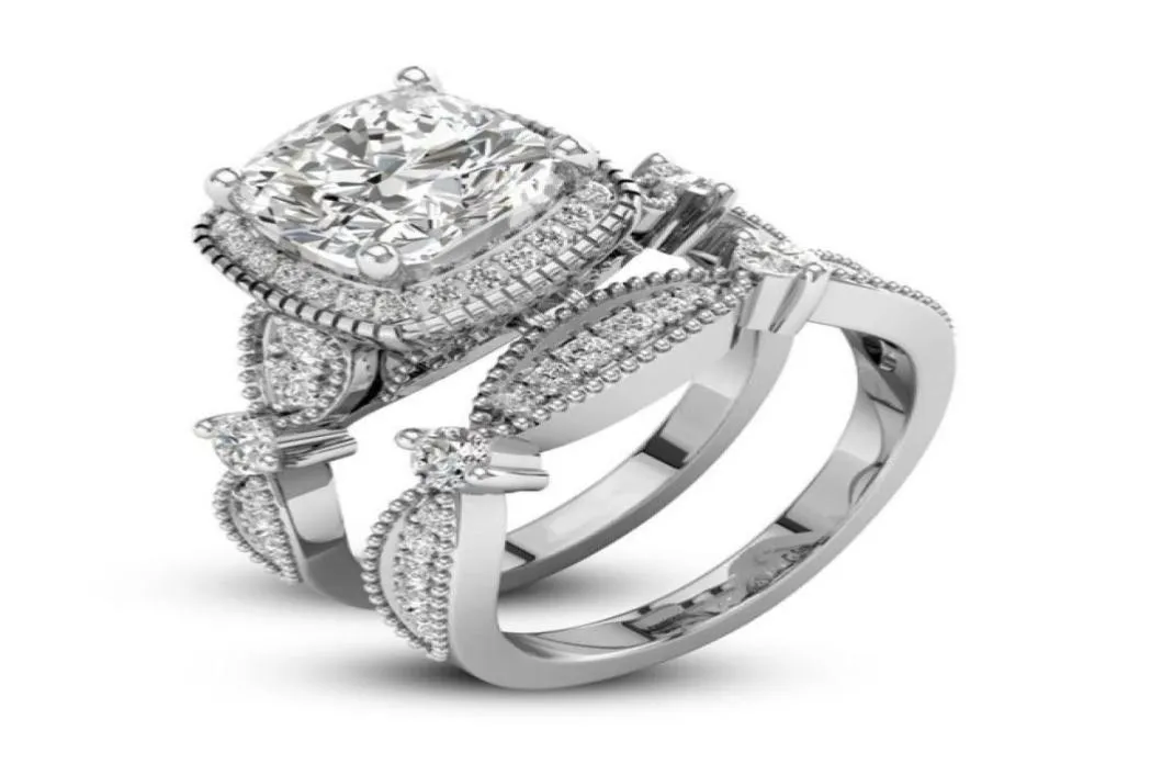 2 piezas Deslumbrante diseño de amor único Juego de anillos de compromiso de boda con diamantes de zafiro blanco de plata esterlina 925 tamaño 61059938229119846