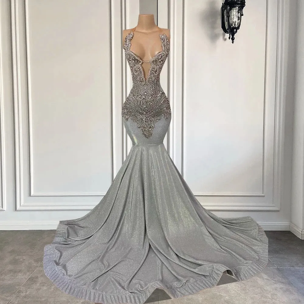Silver Long Prom Dress 2024 Sexy Mermaid Fitted Sheer Neck Luxury Sparkly Diamond Black Girls Evening Formal Gala Gowns Vestidos Feast Robe De Soiree