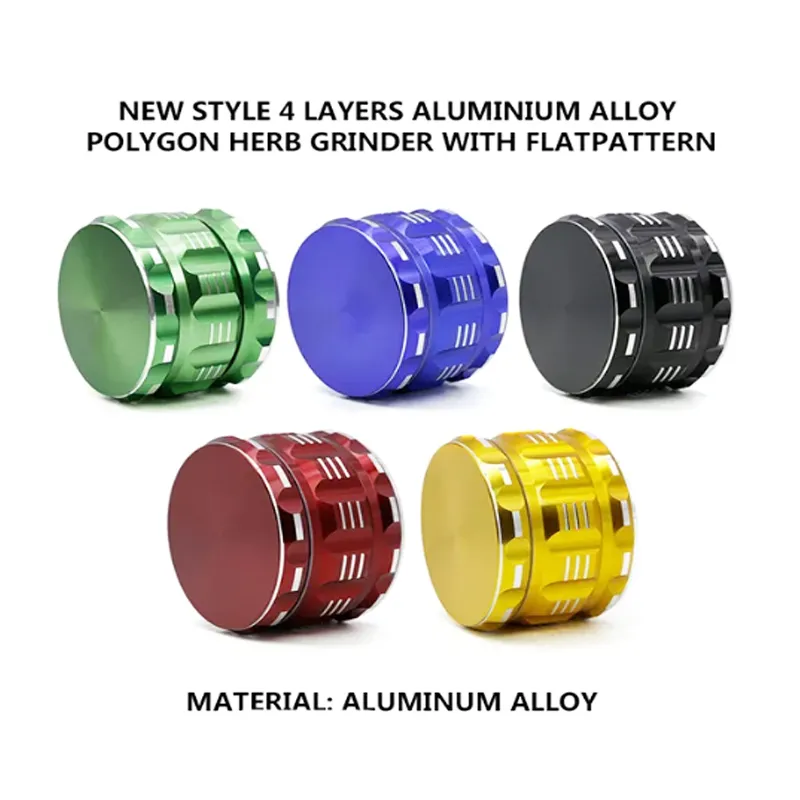 Grinder New Cool Design 63mm Diameter Grinders Aluminum Alloy 4 Layers Herb Grinders 5 Colors Polygon Herb Grinder Flat Pattern In Stock Wholesale