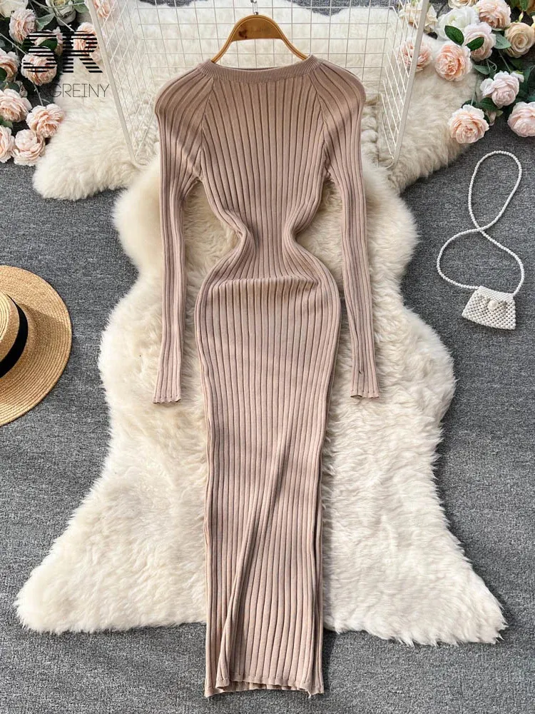 Singreiny Winter Women Knit Maxi Dress O Neck Autumn Long Sleeve Slim Solid Harajuku Ladies Fashion Pencil tröja Långa klänningar 240104