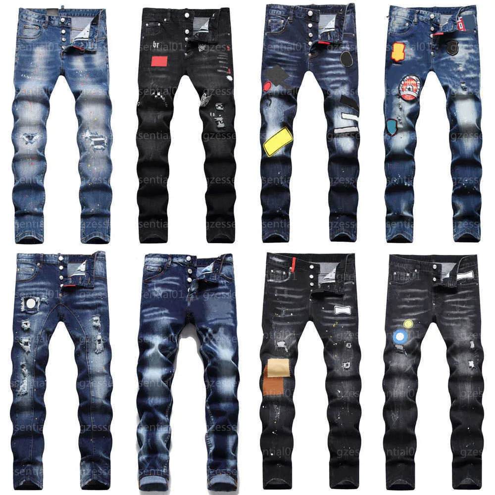 Designer jeans för män dsquareds jeans märke mode svarta byxor high street hip-hop raka ben denim byxor rippa broderi elastiska smala passform jean män joggar