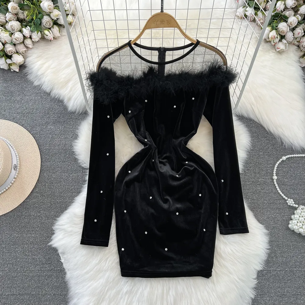 Women's o-neck gauze patched ostrich fur sexy velvet rhinestone party short dress ML